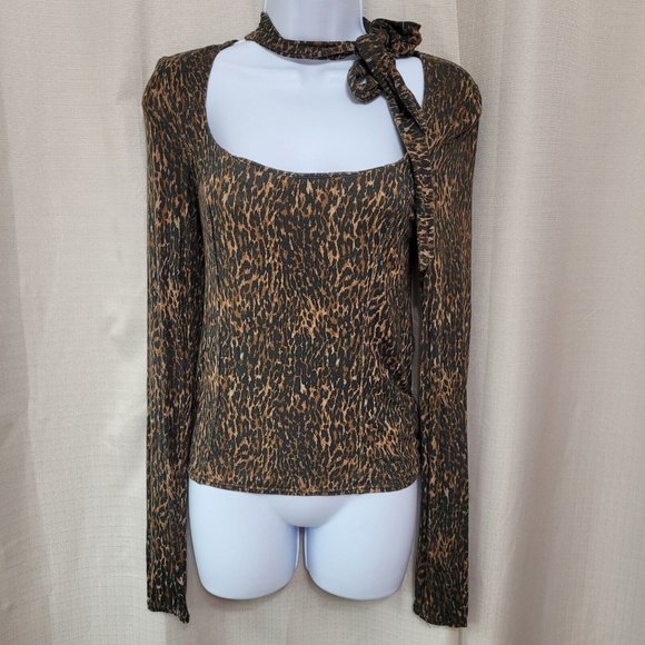 Free People Tops - Free People Wild Thing Leopard Print Top Women's Size XS Long Sleeve Tie Neck